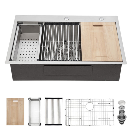 LIVIZA Drop-in 33-in x 22-in Stainless steel Single bowl 16 -Gauge Workstation Kitchen Sink with Drainboard