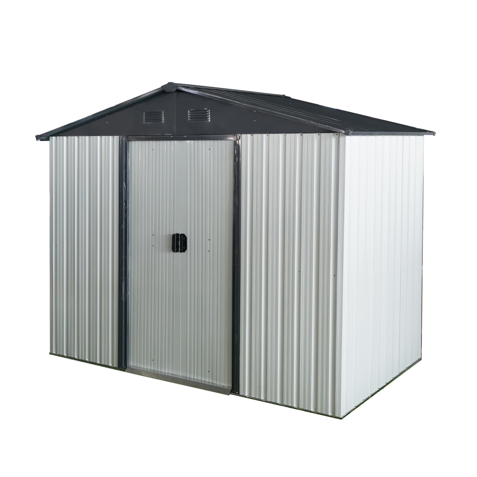 Vynxaria  8x4FT Outdoor Metal Storage Shed with Foundation    Sliding Lockable Door  Sloped Roof for Backyard Patio Lawn  Black    White