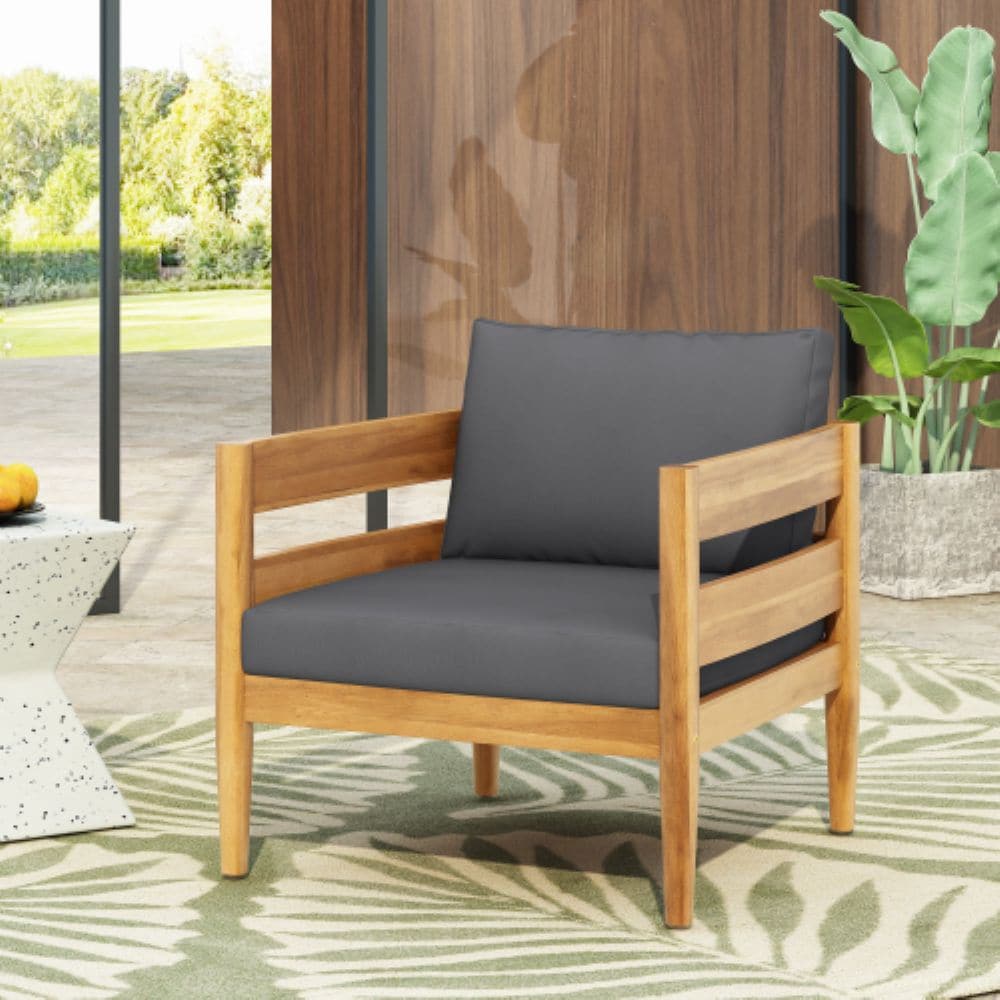 Christopher Knight Home Rowan Patio Chair Outdoor Acacia Wood with Cushions Dark Gray and Teak