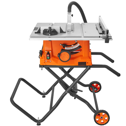 VEVOR Table Saw with Stand  10-inch 15-Amp  Max Rip 25-in  Speed to 5000RPM  40T Blade  Compact Portable Jobsite Saw with Sliding Miter for Wood and Furniture Crafting