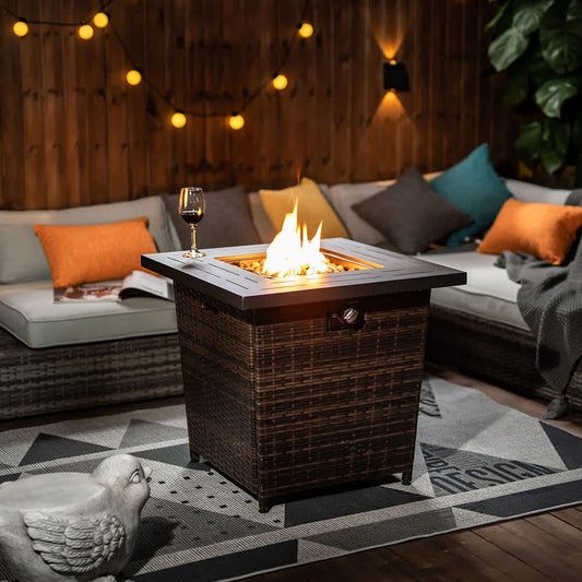 JUJABU Black 28inch Propane Gas Fire Pit Table 50000 BTU with Beautiful Wicker Base for Outside