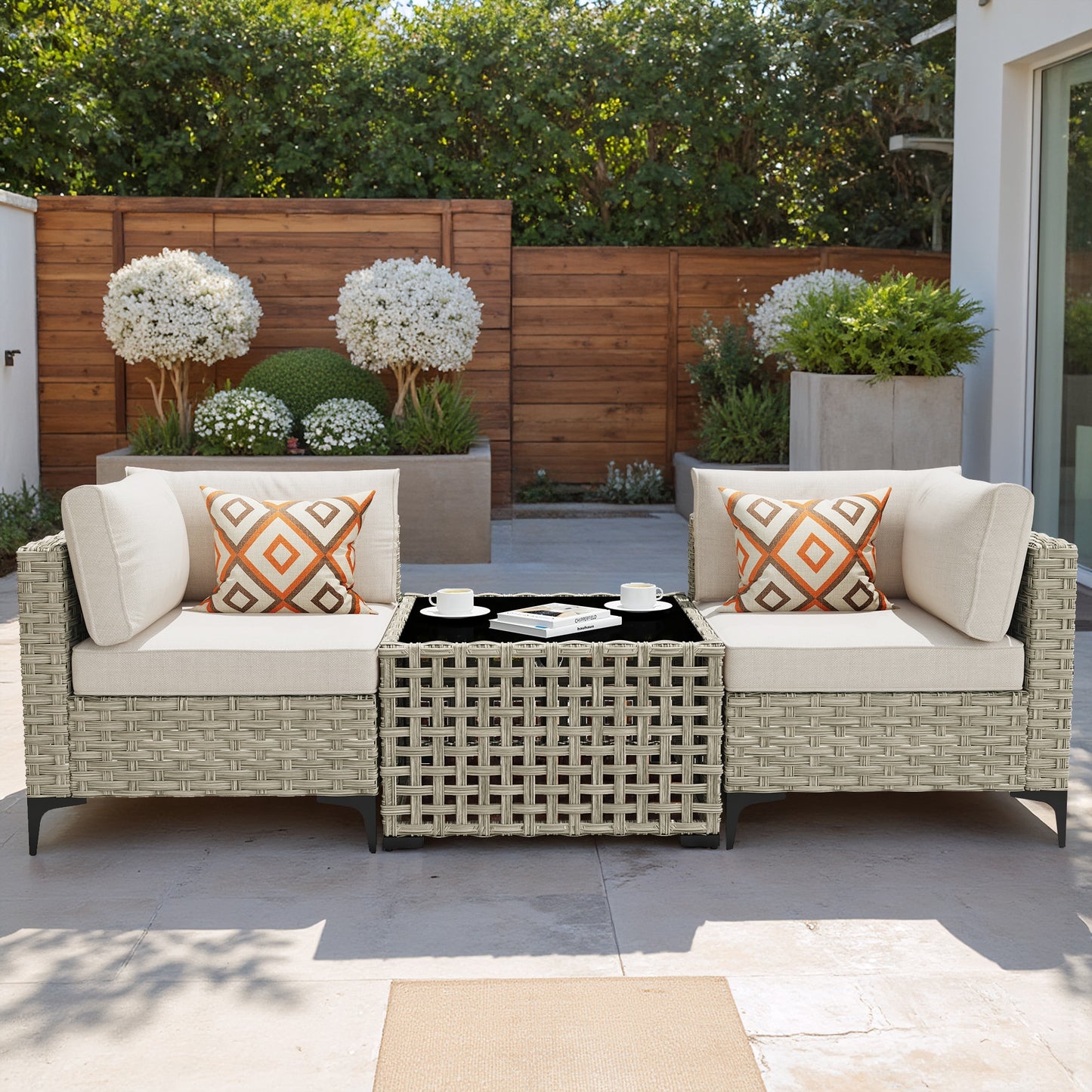 Caodoc SKT Rattan Outdoor Sectional with Beige Cushions and Wicker Frame