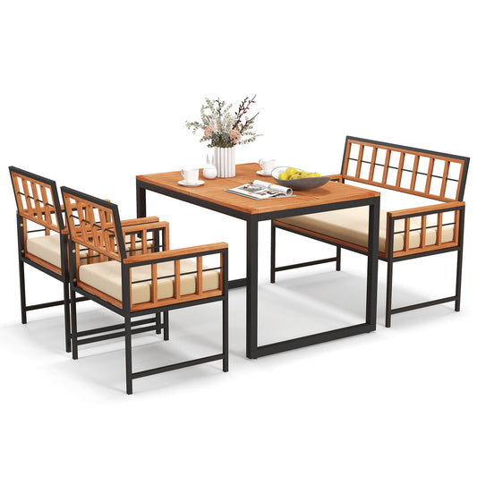 Slickblue 4-Piece Natural Black- Acacia Wood Patio Dining Set Rectangular Table with Loveseat 2 Armchairs Beige Cushions and Umbrella Hole for Patio Garden Poolside