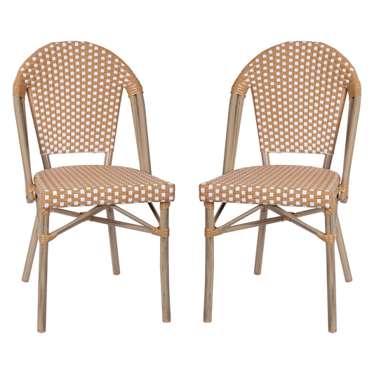 Flash Furniture Lourdes Set of 2 Indoor/Outdoor Commercial Bistro Stack Chairs; Natural/White PE Rattan Back and Seat; Bamboo Print Light Natural Aluminum Frame