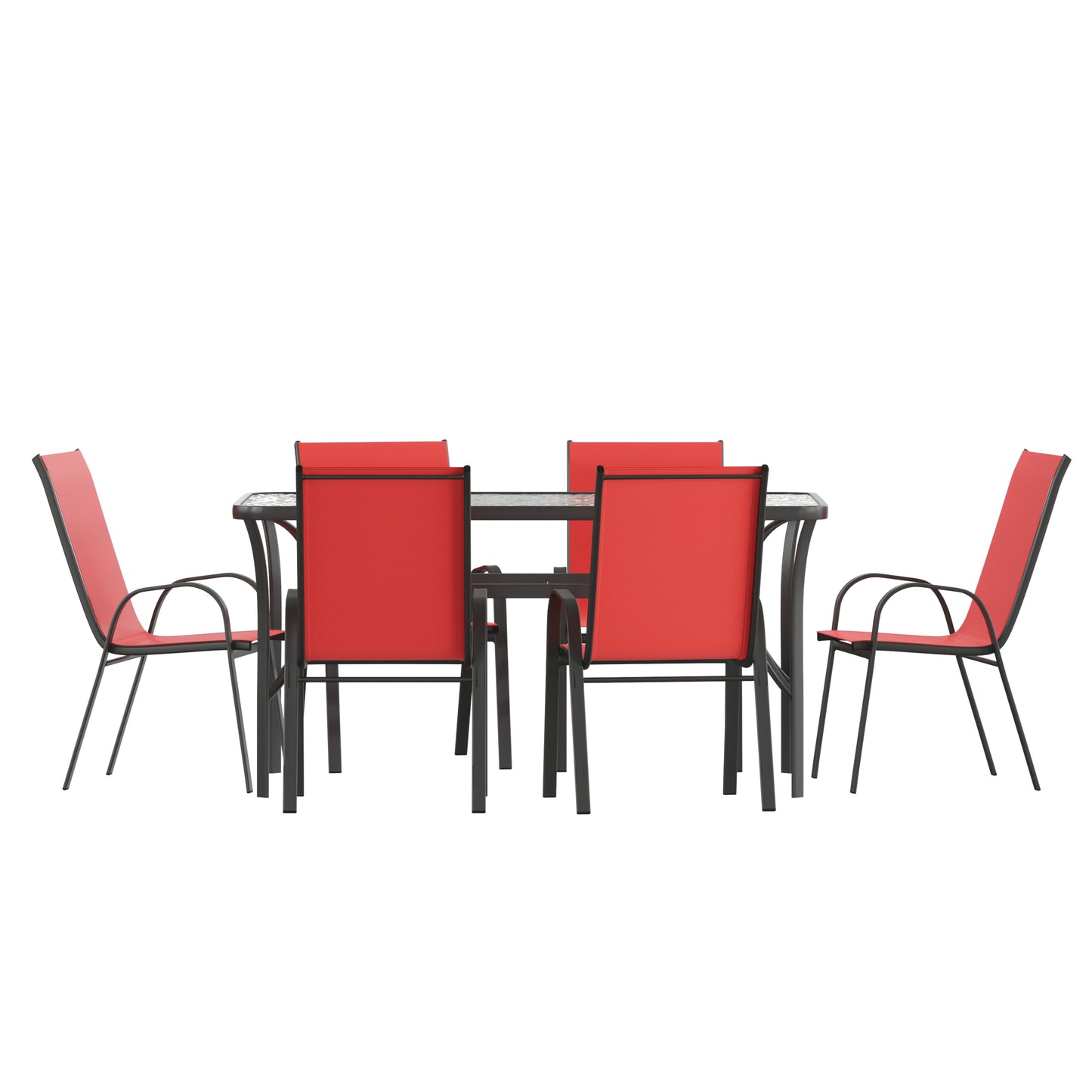 Flash Furniture Brazos 7 Piece Commercial Grade Patio Dining Set with Tempered Glass Patio Table and 6 Chairs with Red Flex Comfort Material Seats and Backs