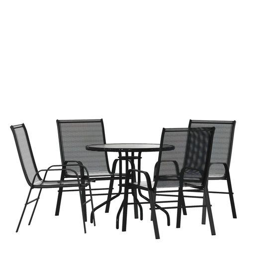 Flash Furniture Brazos 5 Piece Outdoor Patio Dining Set - 31.5-in Round Tempered Glass Patio Table; 4 Black Flex Comfort Stack Chairs