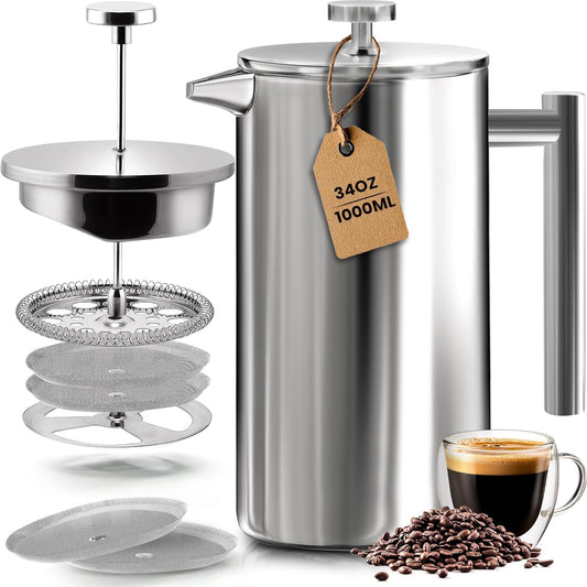 Utopia Kitchen Stainless Steel French Press Coffee Maker 34 Oz (1 Litre) with 2 Extra Filters, French Press Coffee & Tea Maker for Kitchen & Camping, Cold Brew Cafetiere, Silver