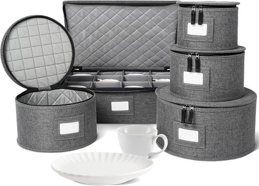storageLAB China Storage Containers, Hard Shell Case with Felt Dividers for Charger Plates, and Dishes, Ideal for Kitchen Organization, Moving Supplies, and Fine China Storage - 5-Piece Set, Gray