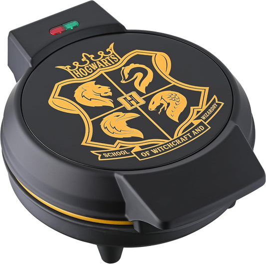 Warner Brothers Harry Potter Round Waffle Maker by Select Brands - Ceramic Coated Cooking Plates - Imprints Hogwarts Crest on Waffles, Black and Gold, WBH-250WM