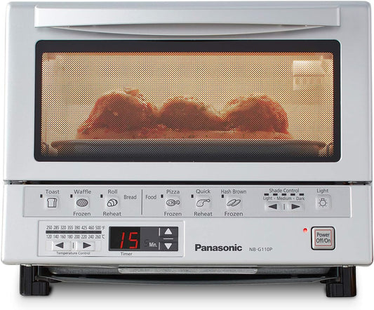 Panasonic FlashXpress Toaster Oven Countertop, 4-Slice Compact Size with Double Infrared Heating, 6 Auto Cook Options and Precise Temperature Control, 1300W - NB-G110P (Silver)