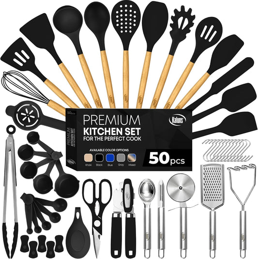 Kaluns 50 PCS Silicone Kitchen Utensils Set Complete Kitchen Set - 800°F Heat Resistant Non-Stick Premium Cooking Utensils W Wooden Handles - Can Opener, Masher, Turner, Silicone Spatula Set
