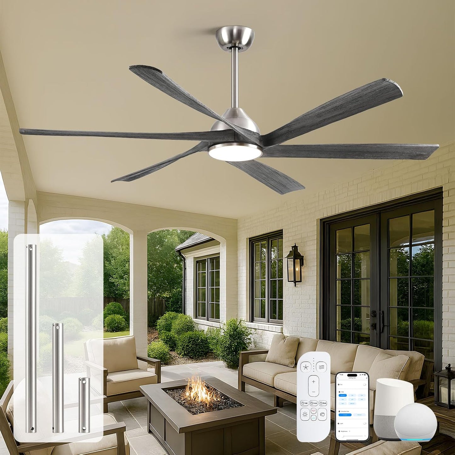 60'' Wood Outdoor Ceiling Fans for Patios with Lights, Modern Farmhouse Smart Ceiling Fan with Remote Alexa Control, 6 Reversible Blades 6 Speeds Quiet Fan for Living Room Bedroom Kitchen