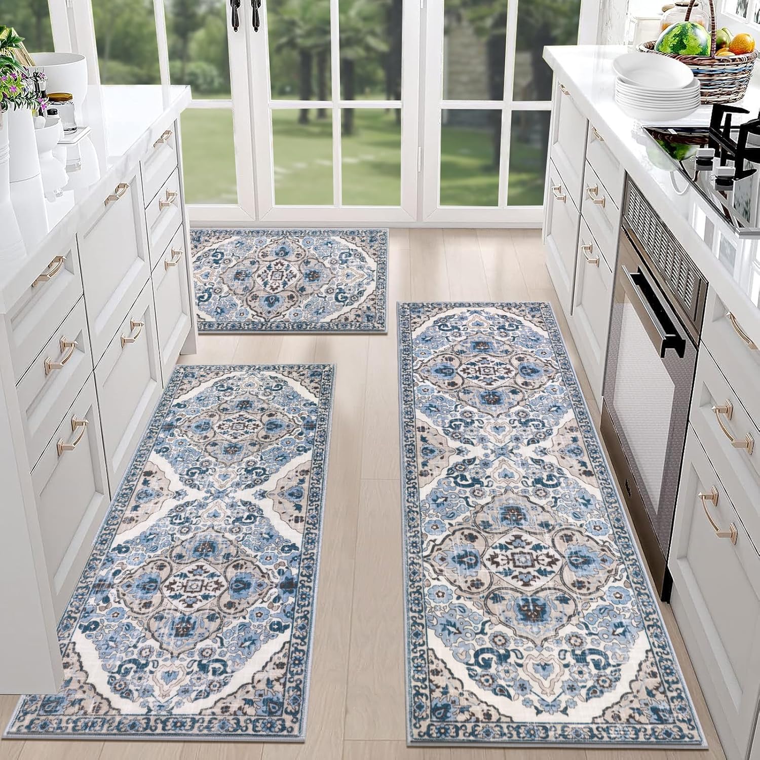 HEBE Farmhouse Kitchen Rugs Sets of 3 Non Slip Washable Boho Kitchen Rugs and Mats for Floor Kitchen Runner Rug Floor Carpet for Kitchen, Laundry, Hallways