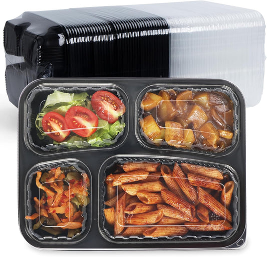 FRESHPAK Meal Prep Container Reusable 40 Pack 34oz - Shrink Wrap Leakproof | Portion Control Leftover Plastic Food Containers with Lid | BPA Free Freezer & Microwave Safe | 4 Compartment Takeout Boxes