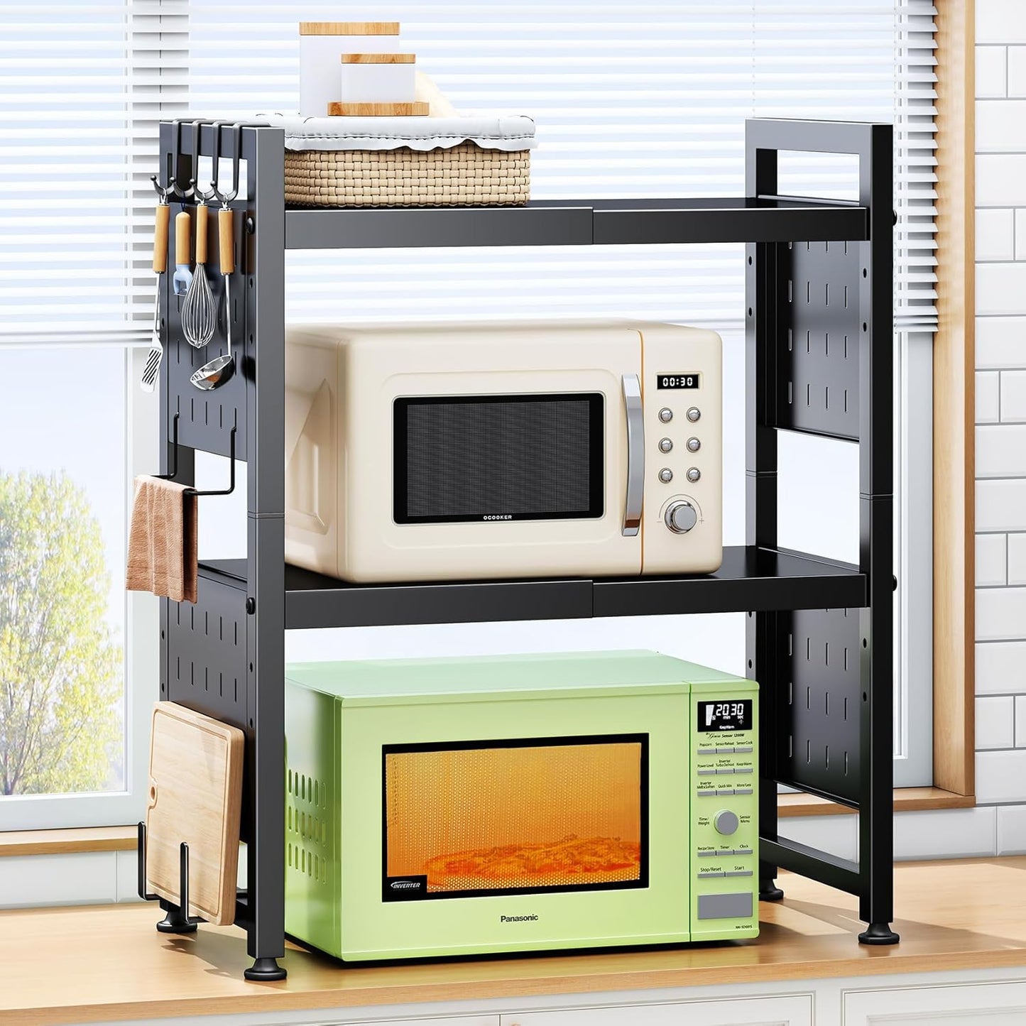 Expandable Microwave Stand, Heavy Duty 3-Tier Adjustable Microwave Oven Rack Shelf with 8 Hooks & 2 Holders, Space-saving Kitchen Counter Shelf for kitchen organizers and storage, 200lbs Capacity