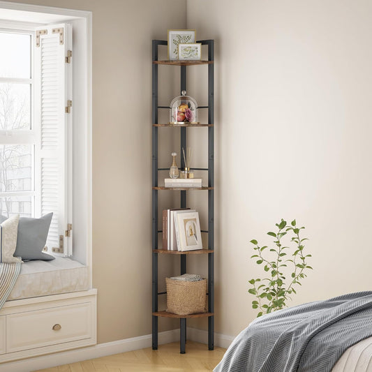 Tajsoon Narrow Corner Shelf Stand 5 Tier 66.5" Industrial Corner Ladder Shelves with Metal Frame, Multipurpose Tall Corner Bookshelf Bedroom, Living Room, Office, Kitchen, Rustic Brown