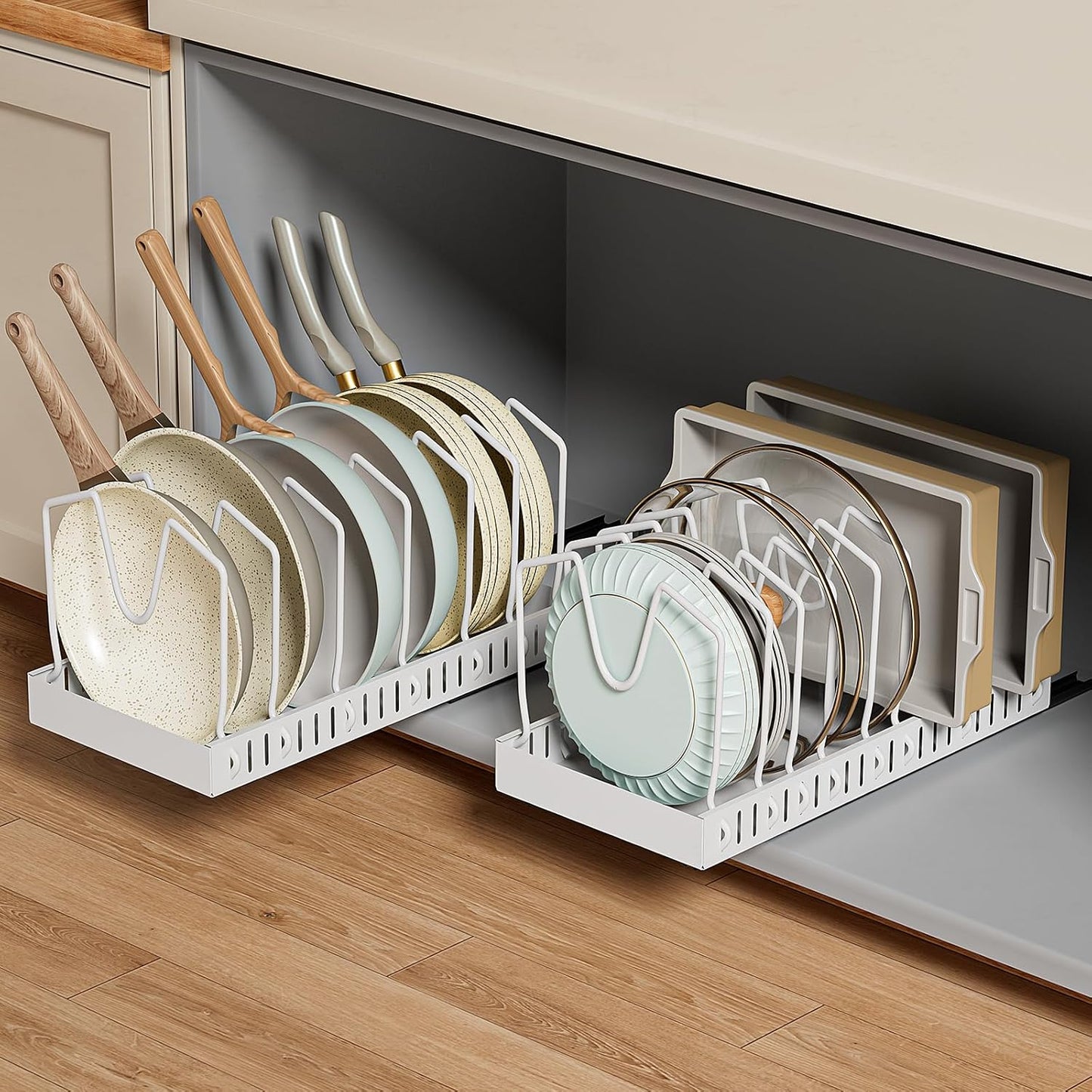 GoMaihe Pull-out Pots and Pans Organizer 2 Pack - Under Cabinet Pot Lid Holder for Kitchen - Bakeware & Dishes Storage Rack with Slide Rails - Multi-purpose Silde-out Drawer - Easy to Clean - White