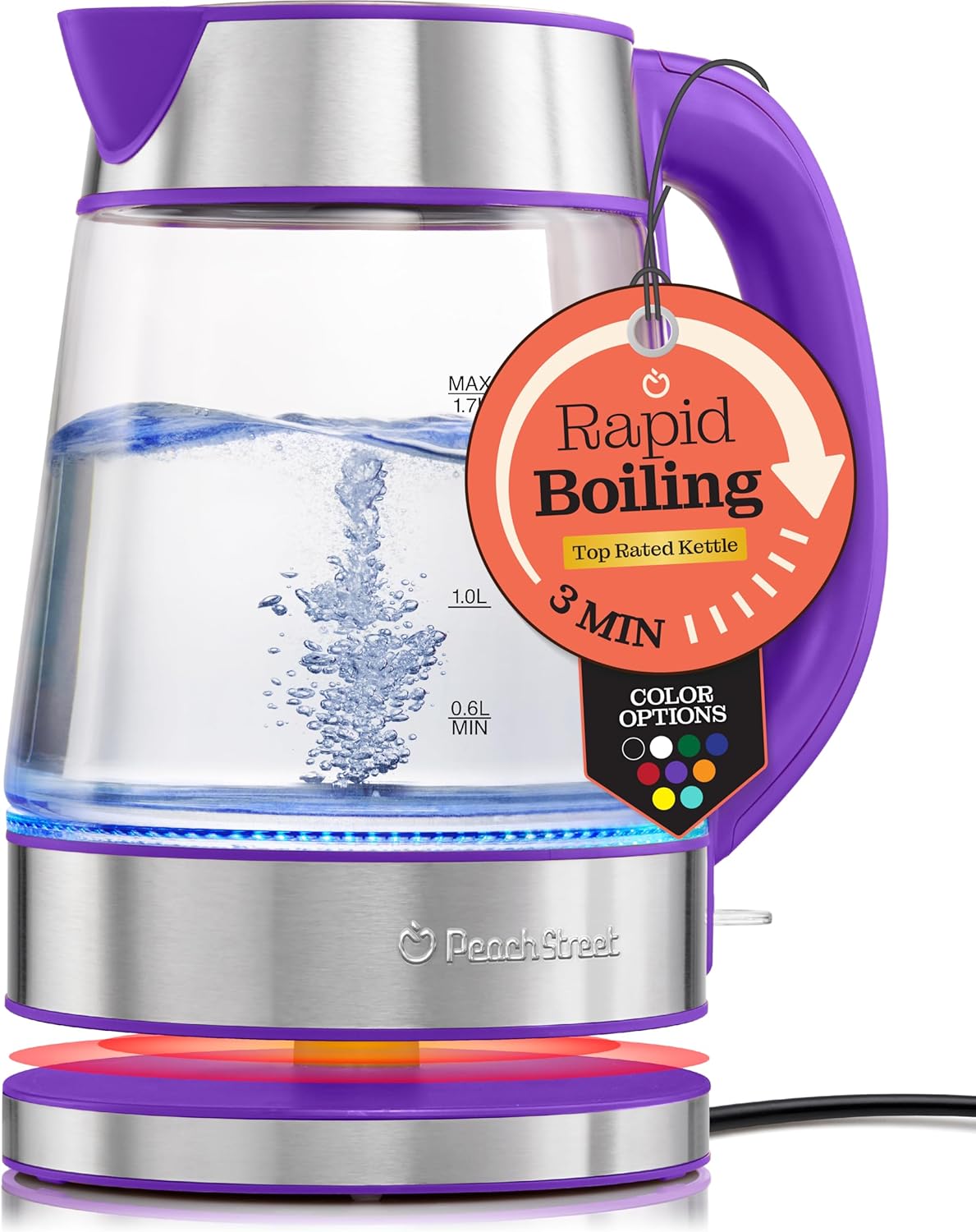 Speed-Boil Electric Kettle - 1.7L Water Boiler 1500W, Coffee & Tea Kettle Borosilicate Glass, Easy Clean Wide Opening, Auto Shut-Off, Cool Touch Handle, LED Light. 360° Rotation, Boil Dry Protection