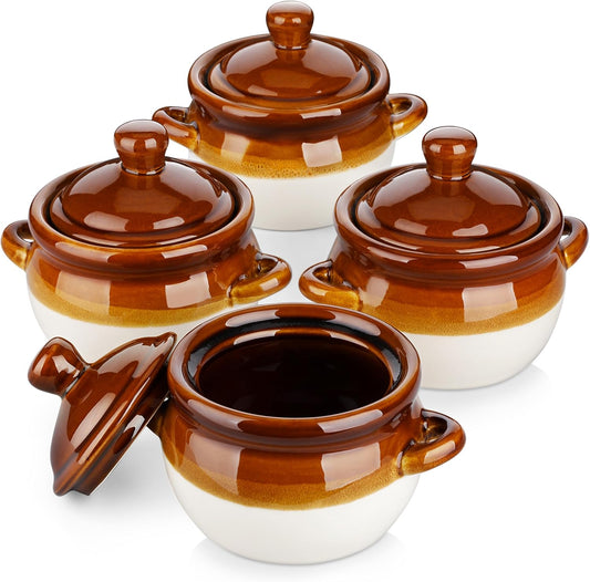 LOVECASA 22 OZ French Onion Soup Bowls with Lid, Porcelain Soup Crocks with Handles,Oven Safe Serving Bowls for Soup, Beef Stew, Cereal, Pot Pies, lasagna,Chilli,Set of 4