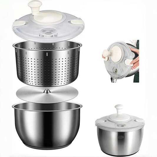 6L Stainless Steel Salad Spinner, Vegetable Spinner, Lettuce Spinner, Fruit Washer, Quick Spin Commercial Salad Spinner for Household Vegetables and Pasta Fries Spinner Essential Kitchen Utensils