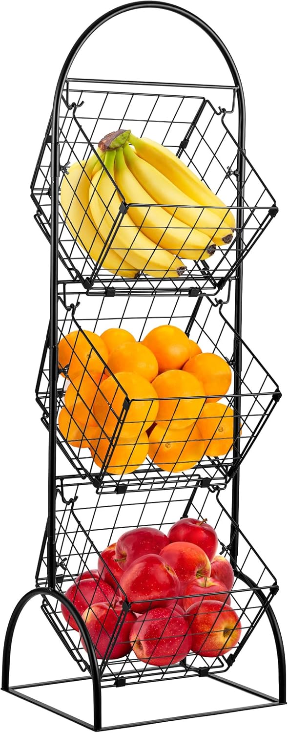 Sorbus 3-Tier Wire Market Basket Storage for Fruit, Vegetables, Toiletries, Household Items, Stylish Tiered Serving Stand for Kitchen, Bathroom Organization