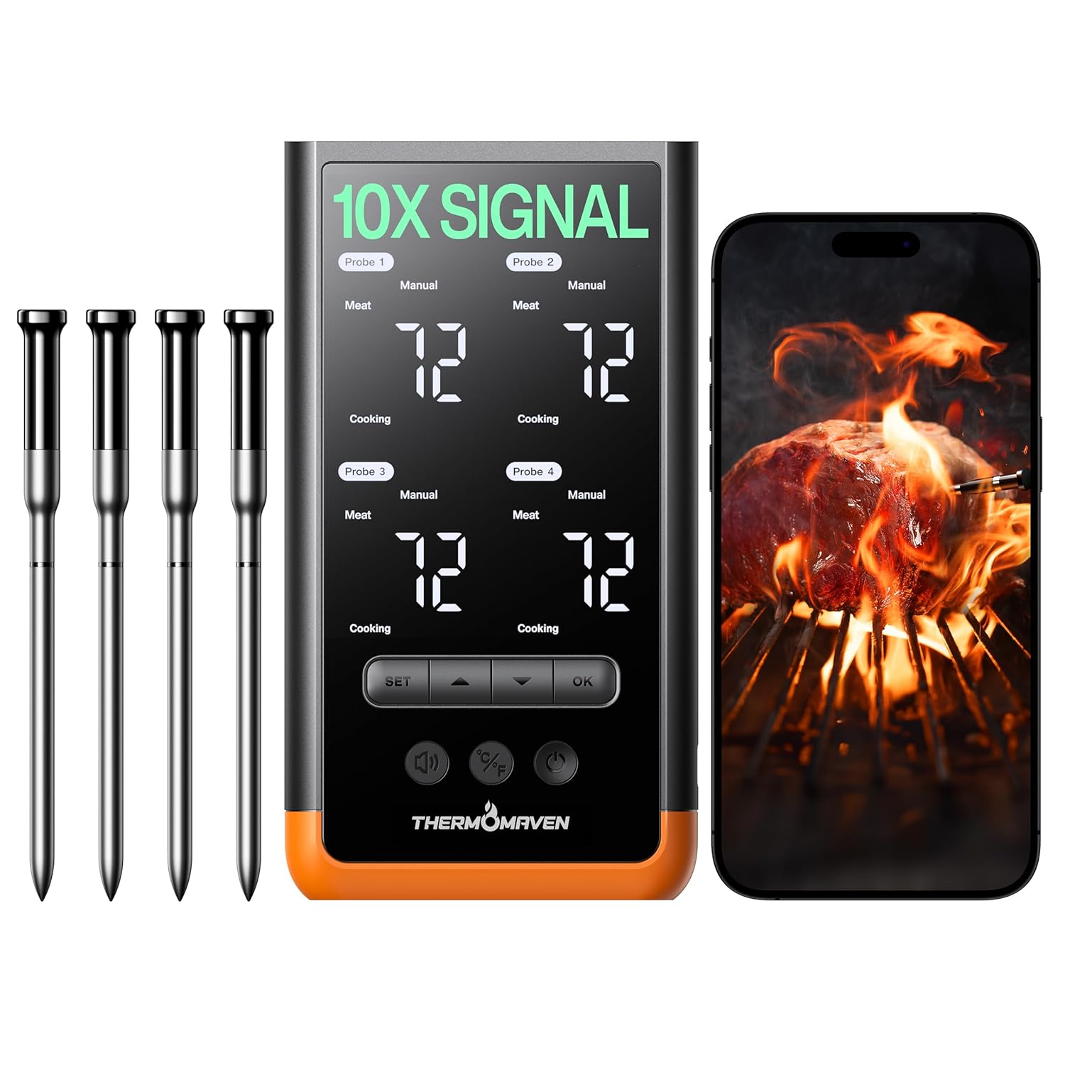 ThermoMaven Wireless Bluetooth Smart Meat Thermometer: Standalone Base, WiFi Thermometer with Sub-1G, 6 Sensors NIST Certified Accuracy, 4 Probes, for Kitchen, BBQ, Grill, Oven, Smoker, Rotisserie