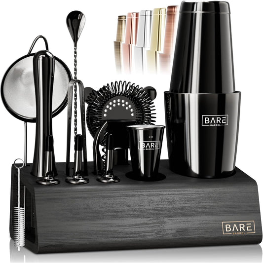 BARE BARREL® Mixology Bartender Kit Bar Set | 14-Piece Cocktail Shaker Set | Martini Barware Mixing Tools for Home Bartending | Incl. 35 Recipe Cards | Gift Set (28oz Boston Shaker, Jet Black\/Black)