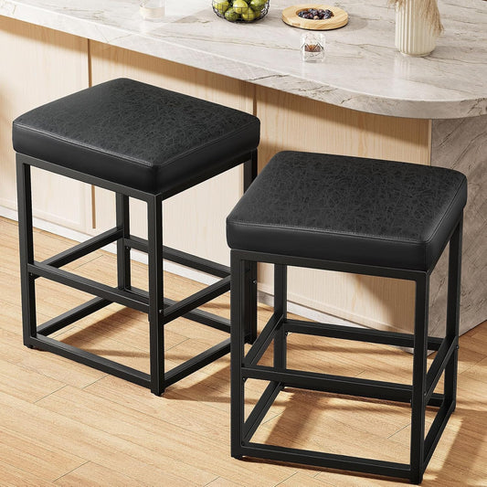 Raynesys Counter Height Bar Stools Set of 2, 24" Barstools for Kitchen Countertop, Faux Leather Counter Stools with Thick Square Seats & Sturdy Metal Base, Simple Assembly, Black