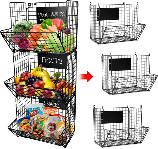 3-Tier XL Wall Hanging Fruit Baskets for Kitchen Organizing Fruits and Vegetables, Heavy-Duty Wall Basket for Storage with Chalkboards & S-Hooks, Wire Hanging Fruit Basket for Kitchen & Pantry