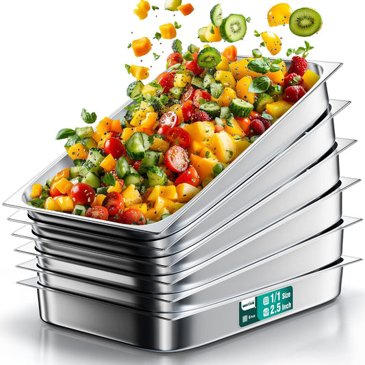WantJoin Steam Table Hotel Pans 1\/1 Full Size 2.5 Inch Deep 6 Pack, Stainless Steel Metal Tray Sets Food Storage Container for Restaurant Chafing Dishes Commercial Buffet Warmer Catering Supplies