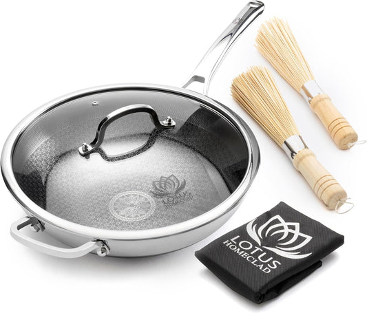Hybrid Wok Pan, 12-Inch Woks & Stir-Fry Pans Nonstick, Stainless Steel Cookware, Induction Wok With Lid, PFOA Free, Dishwasher Safe Cooking Pan For All Cooktops, Bonus Bamboo Dish Brush