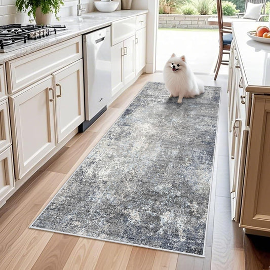 3x6 Washable Kitchen Runner Rug - Non Slip Stain Resistant Low-Pile Thin Wide Carpet Runners for Entryway Hallway Bathroom Bedside,Modern Neutral Abstract(Blue Grey,3x6)