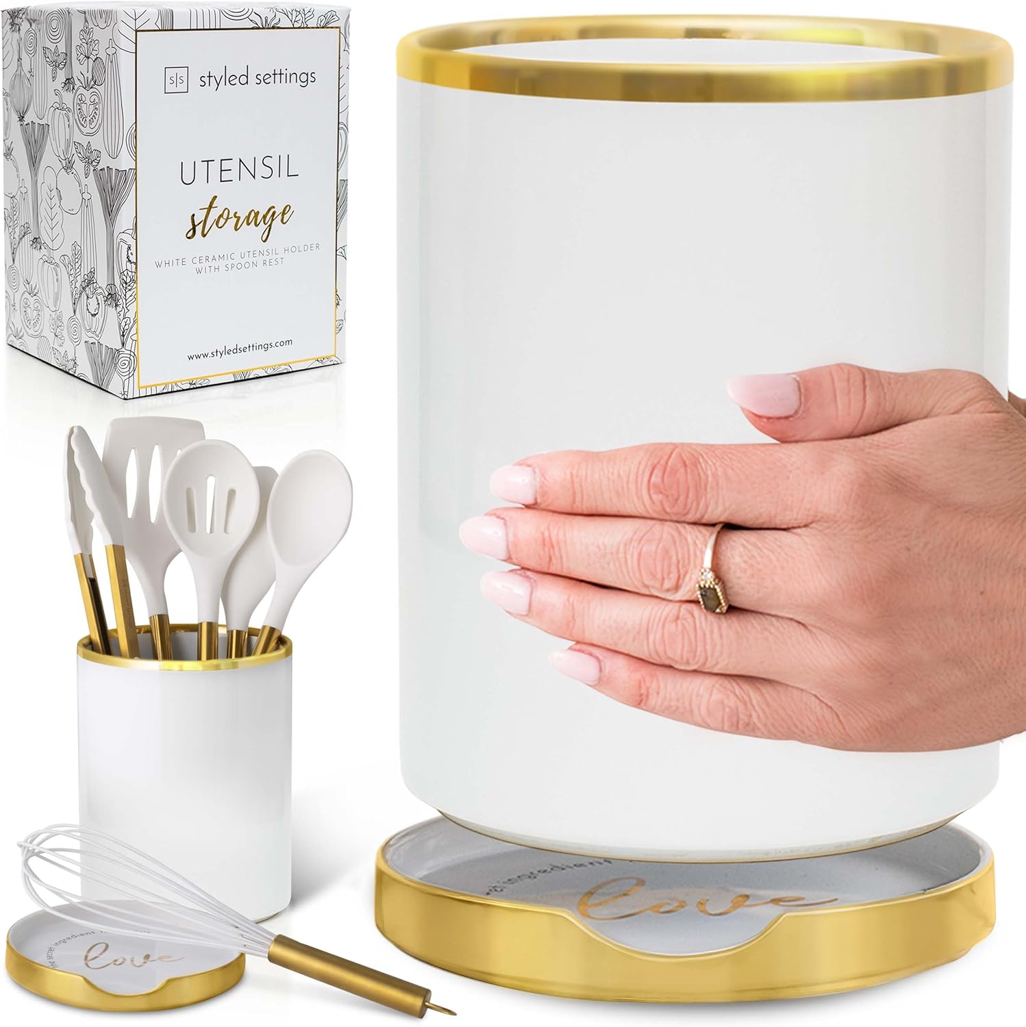 White Utensil Holder with Built-In Ceramic Spoon Rest - 2-Piece Luxe White and Gold Spatula Holder with Gold Spoon Rest for Countertop Organization - Stylish Kitchen Accessory, Utensils Not Included