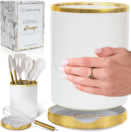 White Utensil Holder with Built-In Ceramic Spoon Rest - 2-Piece Luxe White and Gold Spatula Holder with Gold Spoon Rest for Countertop Organization - Stylish Kitchen Accessory, Utensils Not Included