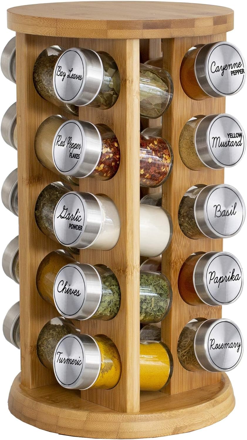 Orii 20 Jar Bamboo Spice Rack with Spices Included - Rotating Tower Organizer for Kitchen Spices and Seasonings, (Bamboo Wood)