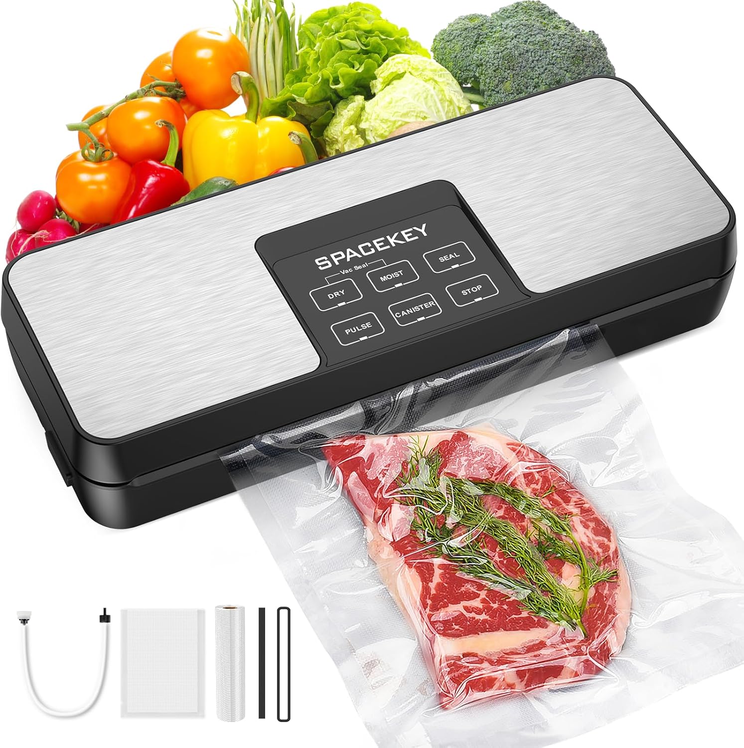 SPACEKEY Vacuum Sealer Machine, 85Kpa Food Vacuum Machine, Food Vacuum Sealer with Bag Roll Storage Space, Dry&Moist Modes, Pulse Function, Built in Cutter, Bag Roll included, Silver