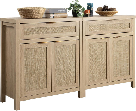 SICOTAS Sideboard Buffet Storage Cabinet Set of 2, Rattan Credenza Buffet Table, Boho Console Accent Cabinet with Doors and Drawer, Coffee Bar Cabinets for Kitchen Entryway Living Room, Natural