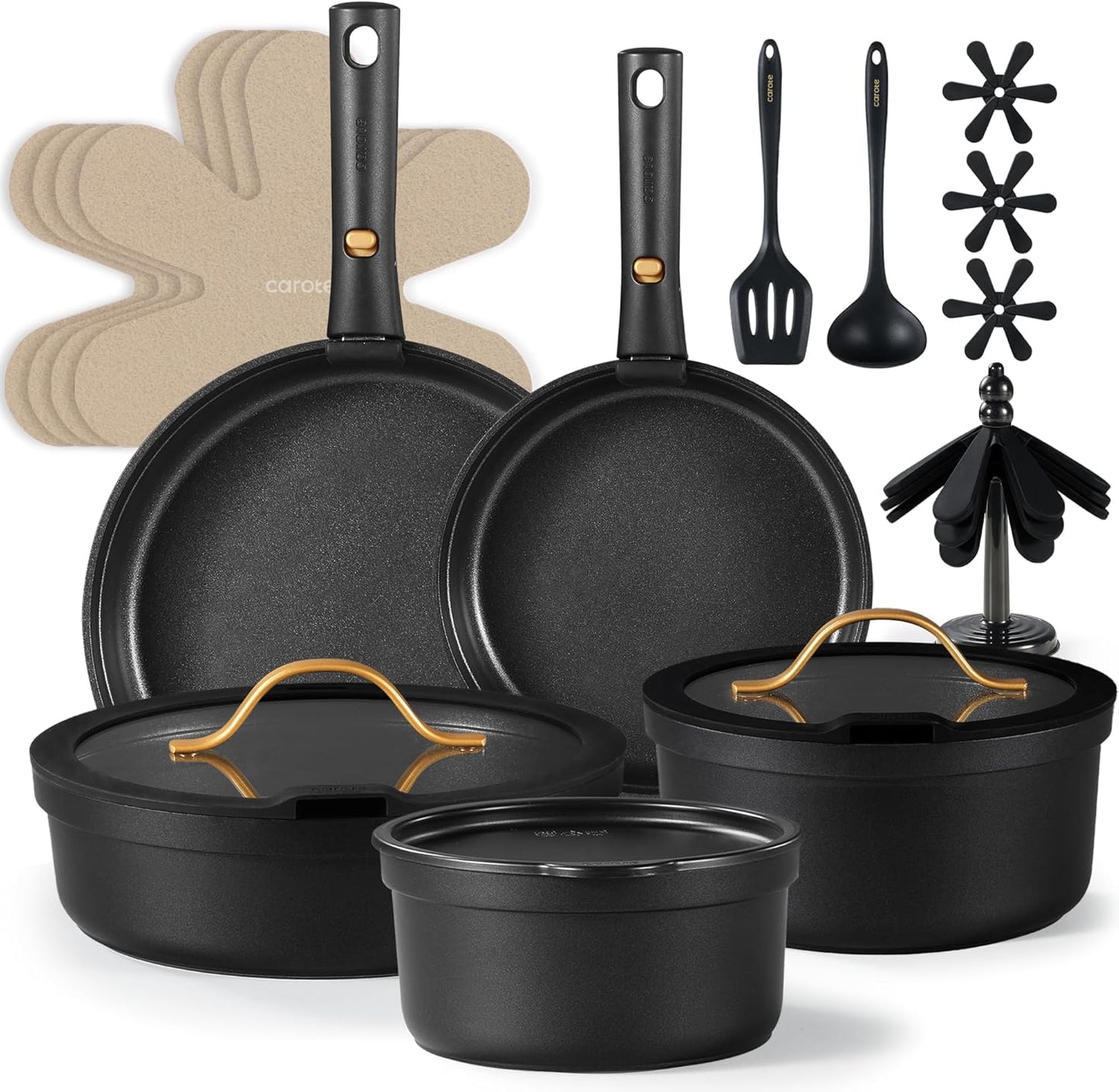 CAROTE 20pcs Pots and Pans Set Non Stick, Nonstick Cookware Set, Dishwasher\/Oven\/Fridge Safe Pots and Pans, Removable Handle RV Oven Safe Cookware, Induction Kitchen Set, Black