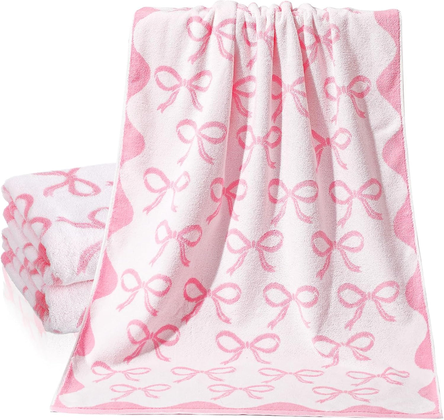 SmoothNovelty 2 Pcs Pink Bow Bathroom Towels 100% Cotton Coquette Bow Bath Towels 28 x 55 Inch Absorbent Soft Preppy Bathroom Decor for Spa Gym Kitchen Women Gifts