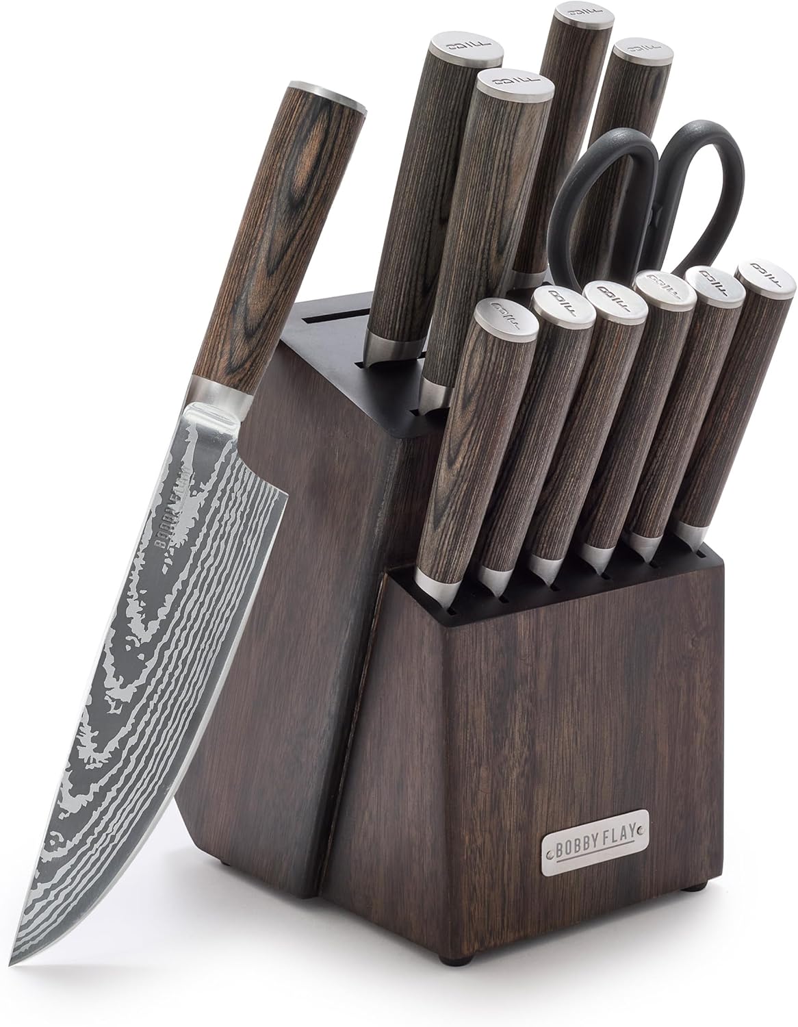 GreenPan x Bobby Flay 13 Piece Stainless Steel Cutlery Kitchen Knife Block Set, Premium Stainless Steel Blades, Acacia Wood Knife Block, Hand Finished Ergonomic Wood Handle, Damascus Steel Design