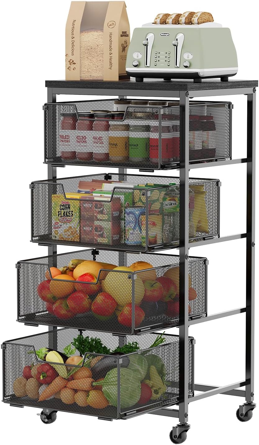 4-Tier Fruit Vegetable Storage Cart - Kitchen Organizer and Storage Cart with Wheels, Wooden Top Metal Wire Fruit Vegetable Rack Stand with Drawers to Storage Cans Snacks for Kitchen(Patent Pending)