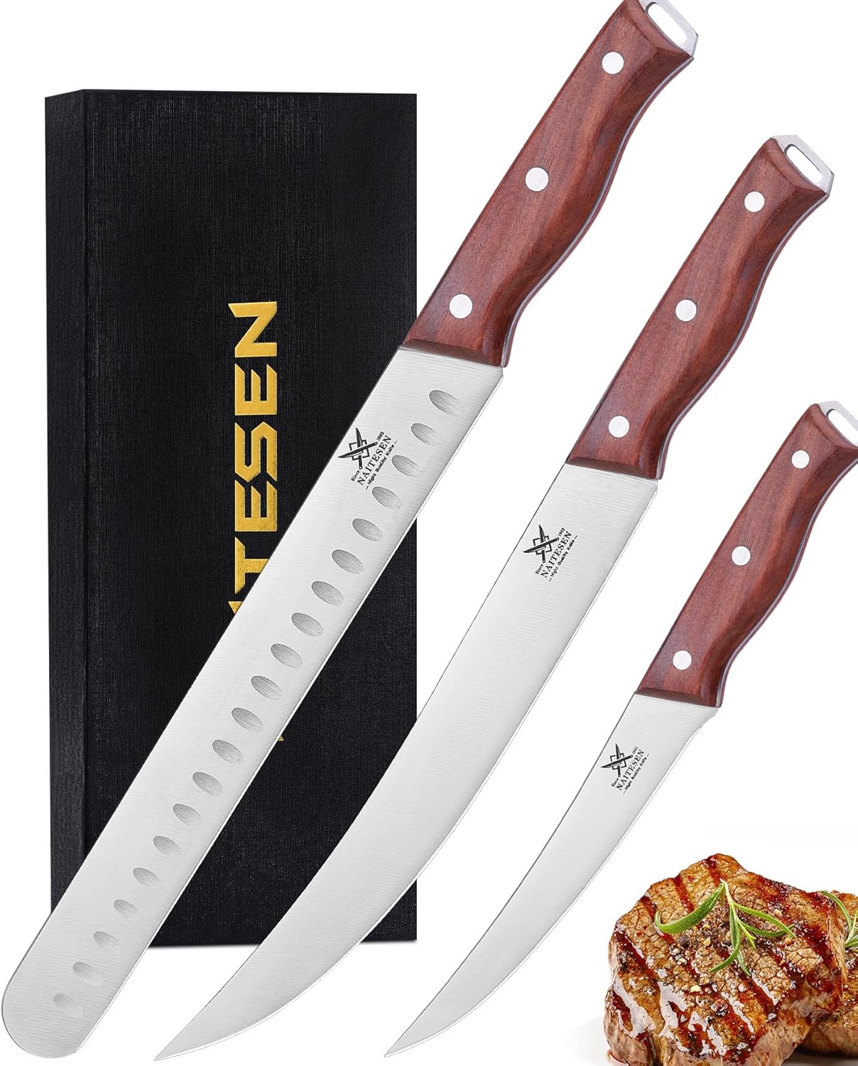 3PCS Professional Butcher Knives Set, BBQ Brisket Beef Slicing Carving Knife Full Tang Rosewood Handle High Carbon Steel Sharp for Meat Watermelon Cutting Home Kitchen, Gifts for Men Women