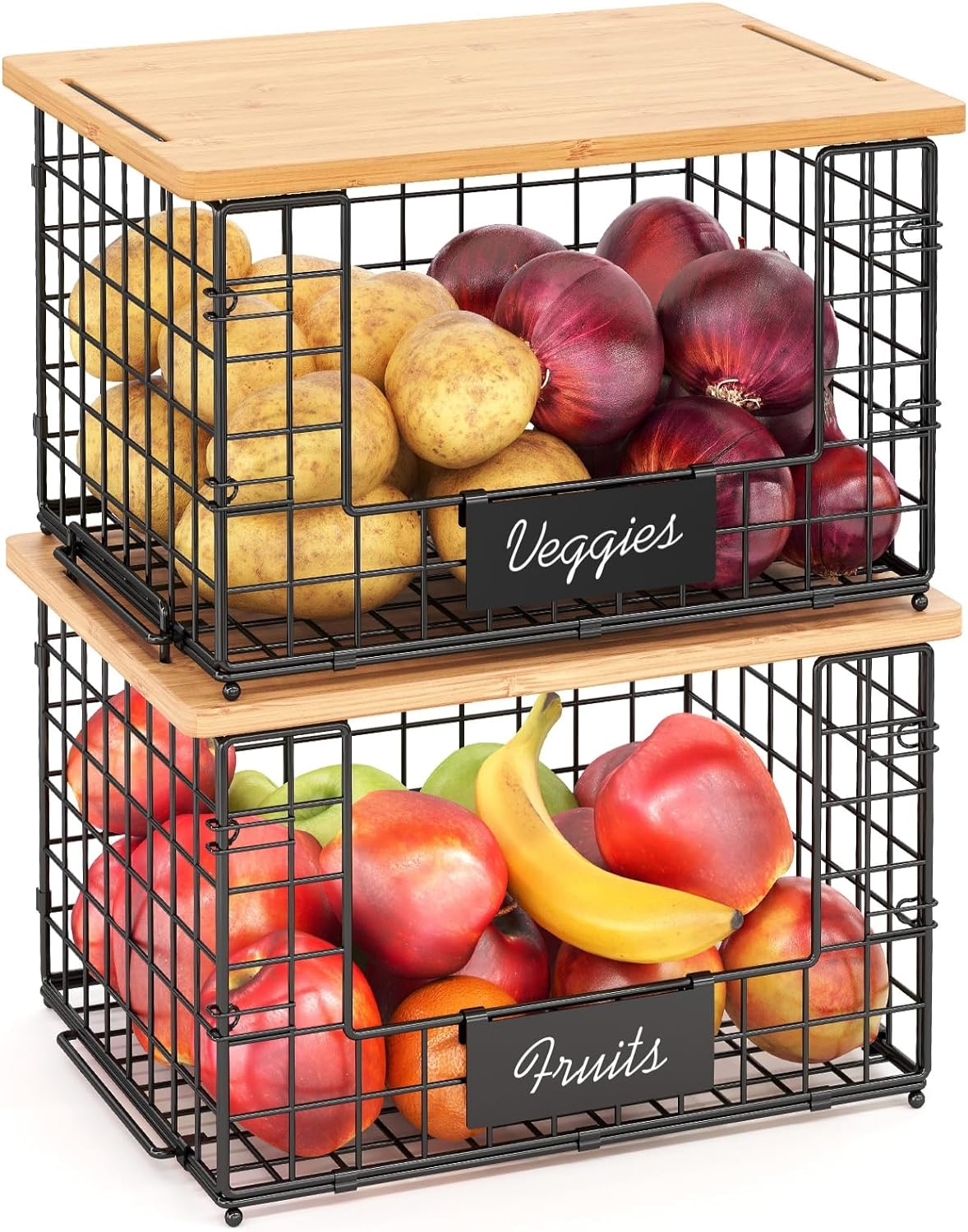 2 Pack Stackable Wire Baskets with Bamboo Top for Pantry Organizers and Storage, XXL Kitchen Organization Counter Basket for Fruit, Vegetable, Produce, Bread, Potato and Onion Storage Bins