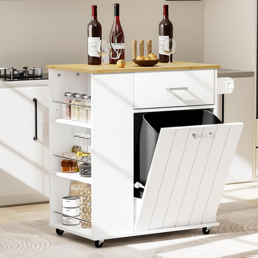 HQZX Rolling Kitchen Island with Trash Can Storage, Portable Kitchen Island on Wheels with Towel Rack & Spice Rack, Tilt Out Trash Can Cabinet with Drawer, Mobile Island Cart (White)
