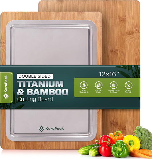 Double-Sided 100% Titanium Cutting Board with Bamboo Charcuterie Side \u2013 Pure Titanium Cutting Boards for Kitchen \u2013 Large(16"x12") Elegant Cutting Board w\/Juice Groove & Wood Presentation Surface