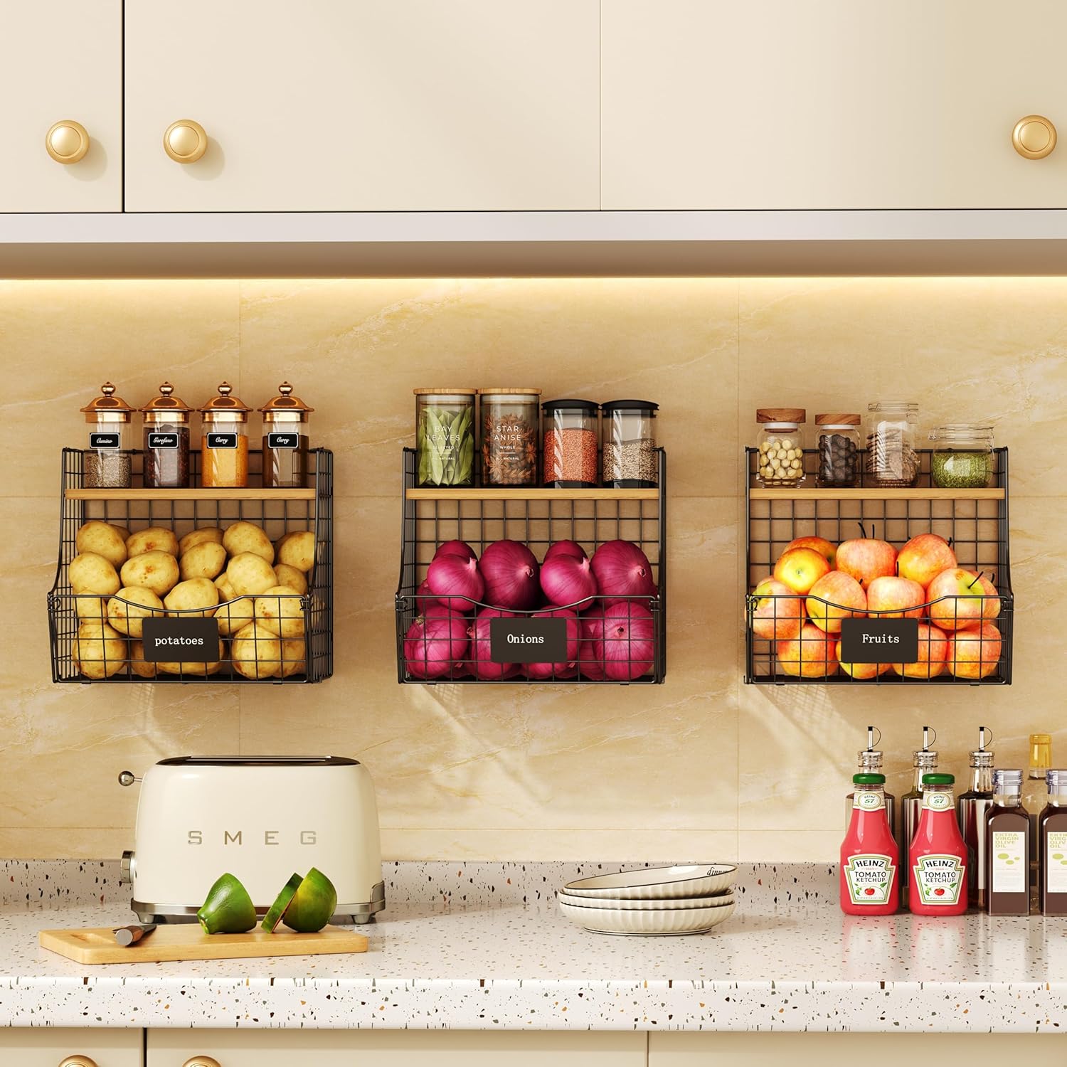 3 Pack Fruit Basket for Kitchen with Wood Lid - Counter&Wall Mounted Onion and Potato Storage with Nameplate, Stackable Storage Basket, Hanging Metal Wire Baskets Kitchen Countertop Organizer Pantry