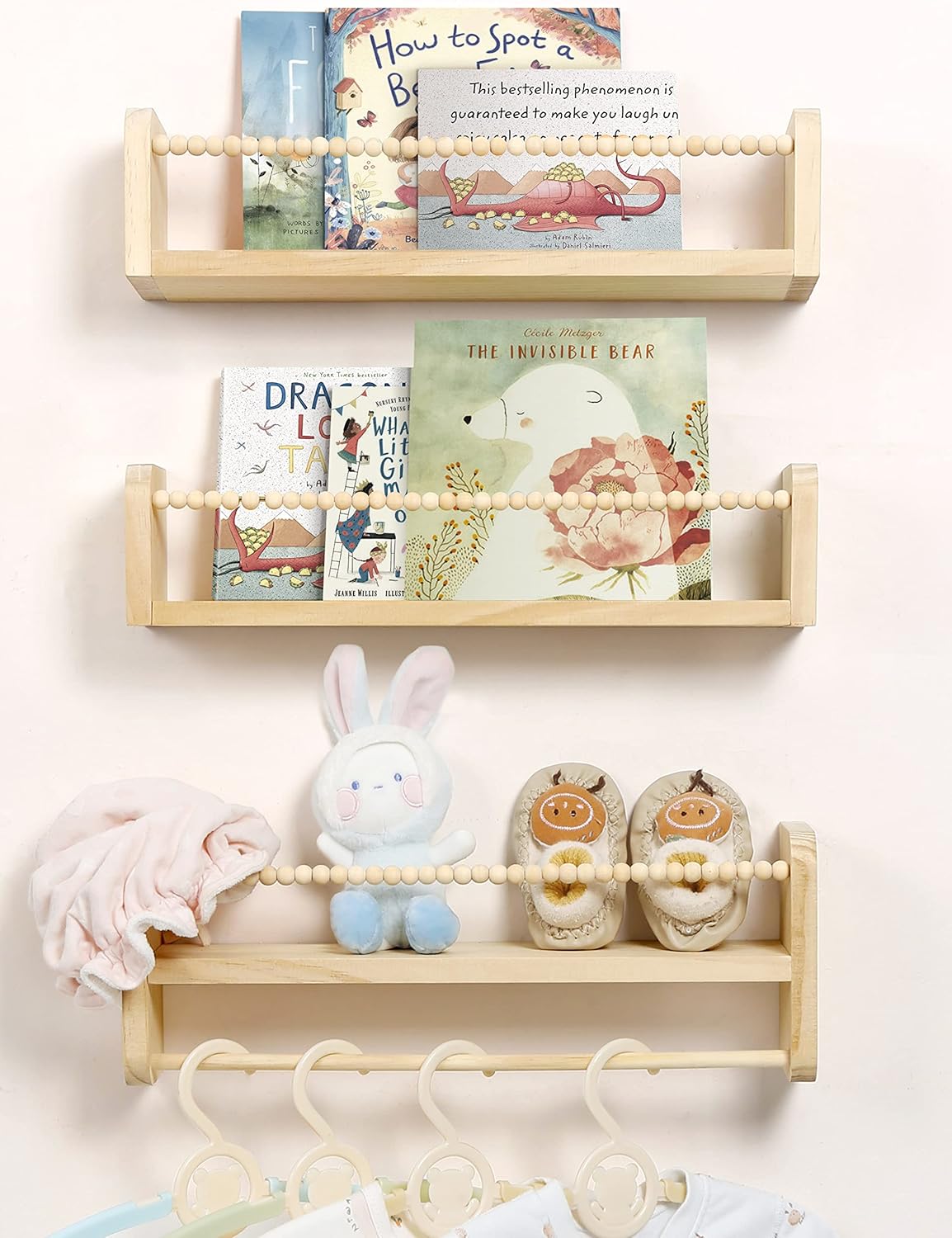 Maxpeuvon Nursery Floating Shelves for Wall, Set of 3 Book Shelves Natural Wood Wall Mounted Organizer with Towel Bar Hanging Bookshelves Nursery Decor for Kids Room, Bedroom and Kitchen