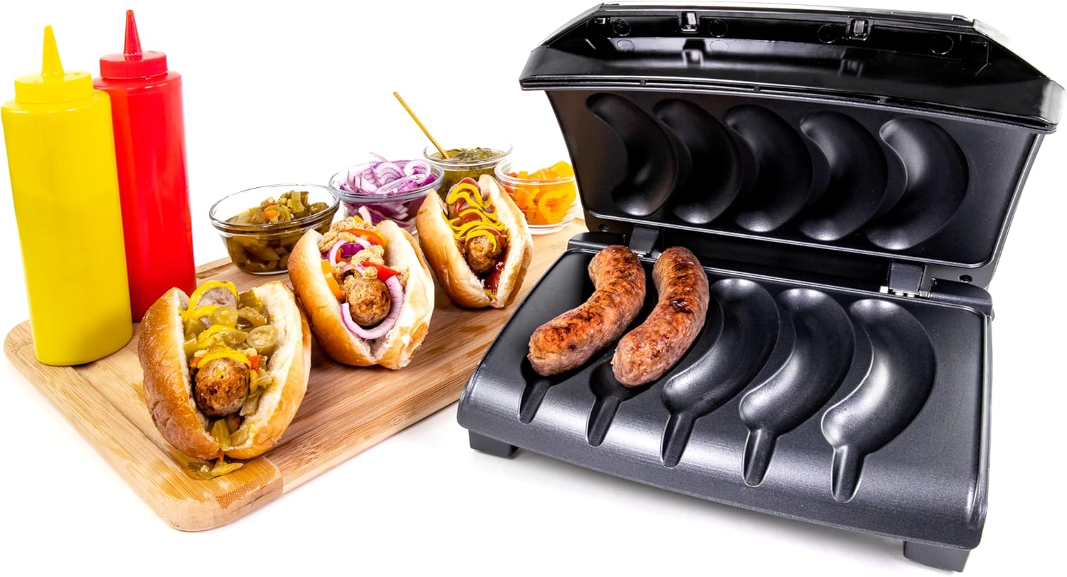 Homecraft Electric Sausage & Brat Grill with Oil Drip Tray, Carry Handle, and Cord Storage, up to 5 Links of Beef, Turkey, Chicken, Veggie Sausages, or Hot Dogs