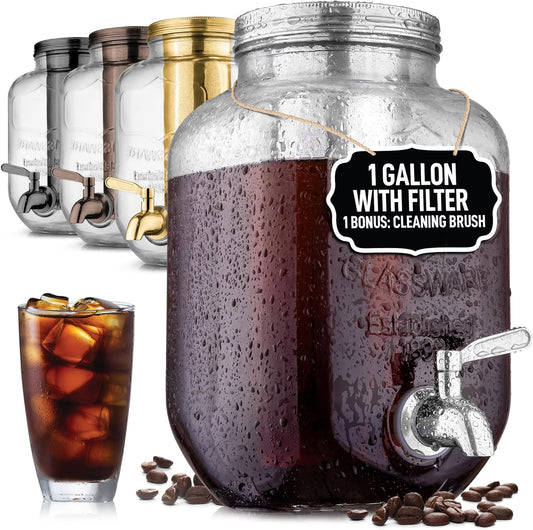Zulay Kitchen 1 Gallon Cold Brew Coffee Maker \u2013 Thick Glass Pitcher with Stainless Steel Filter, Lid & Spout \u2013 Large Mason Jar Container Dispenser - Iced Coffee & Sun Tea Brewer for Fridge \u2013 Silver