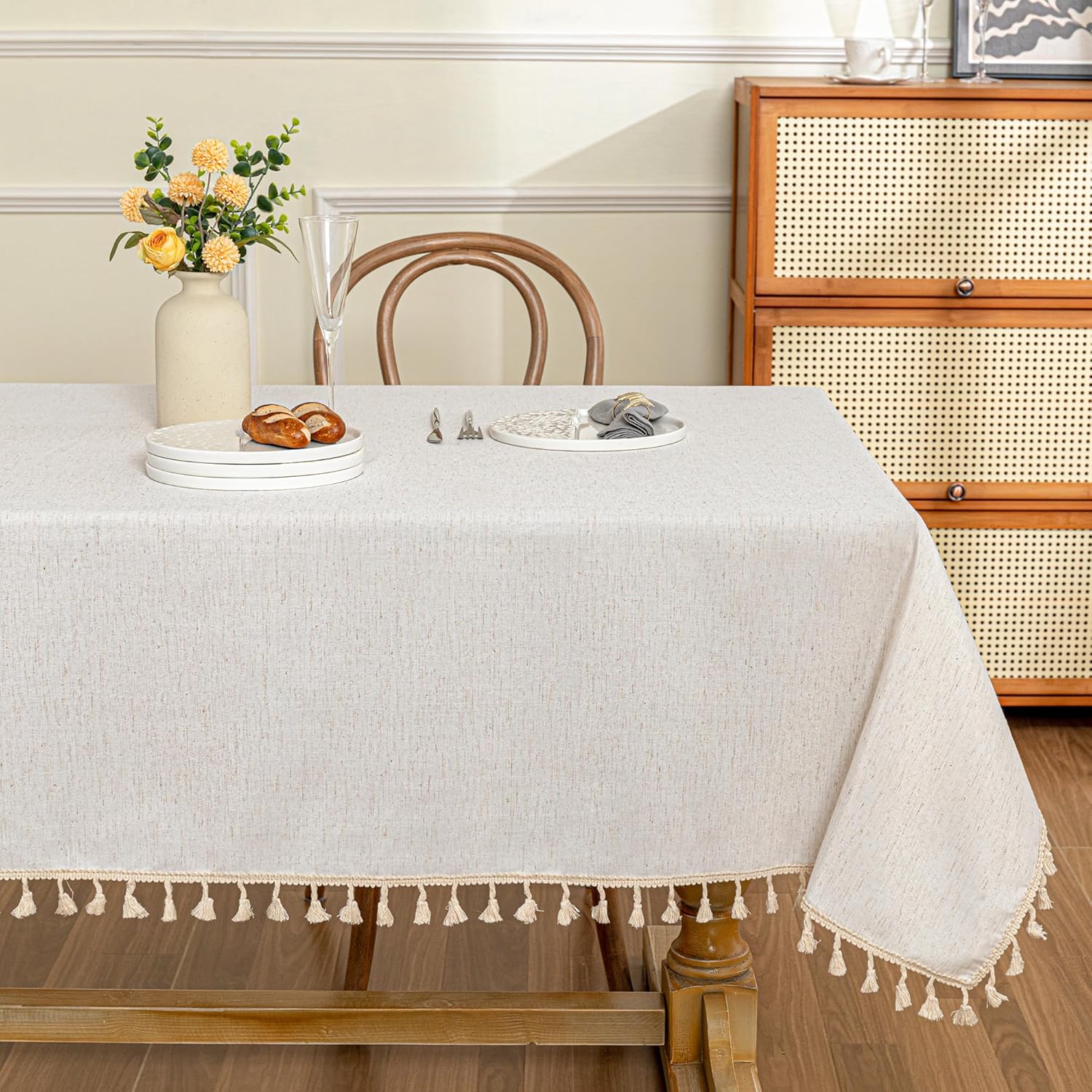 MYSKY HOME Table Cloth 60x120 in Rectangle Table, Heavy Duty Cotton Tassel Linen Look Waterproof Tablecloths Farmhouse Tablecloth Wrinkle Free Table Cover with Tassels for Kitchen Dining, Party
